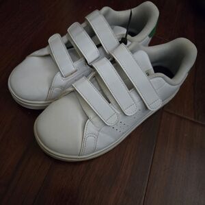 Used Kids White Velcro Sneakers with Green Accent Size 3